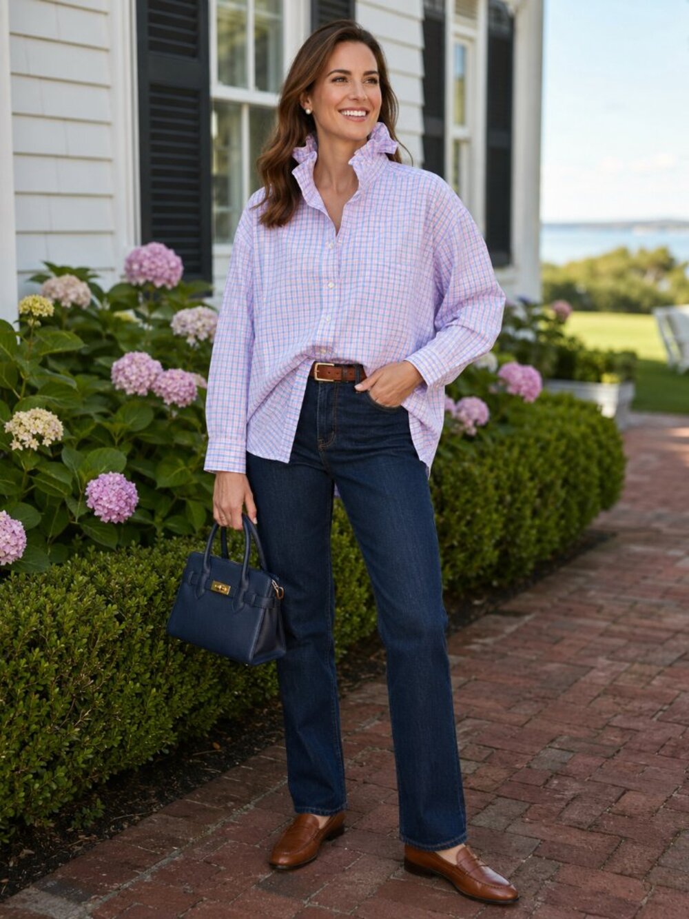 Stafford Pastel Plaid Upcycled Ruffle Collar Button Down Blouse Oversized XXL